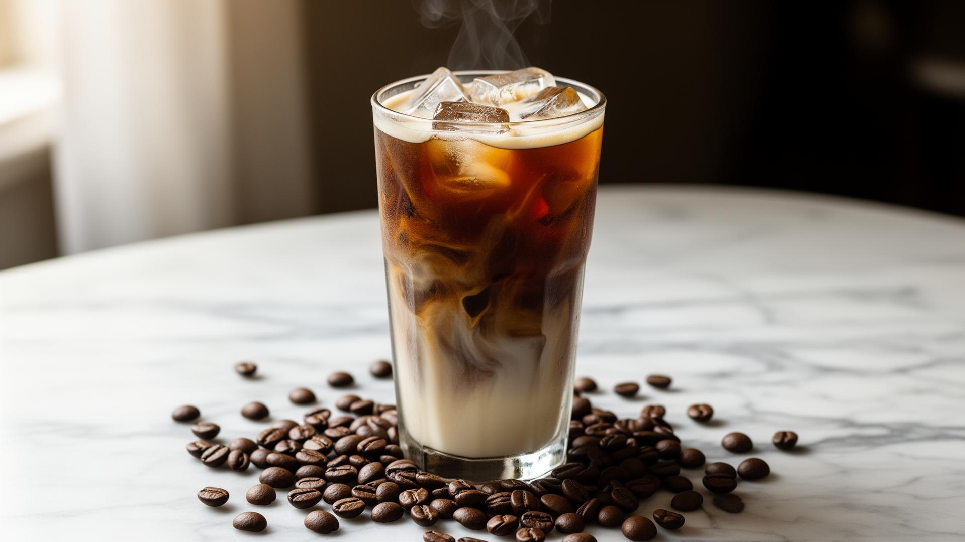 Glas mit Cold Brew Kaffee auf Marmor